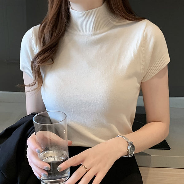 Womens Tops And Blouses Summer Short Sleeve Blouse Women Blusas Mujer De Moda 2021 Turtleneck Knitted Blouse Shirt Tops C931