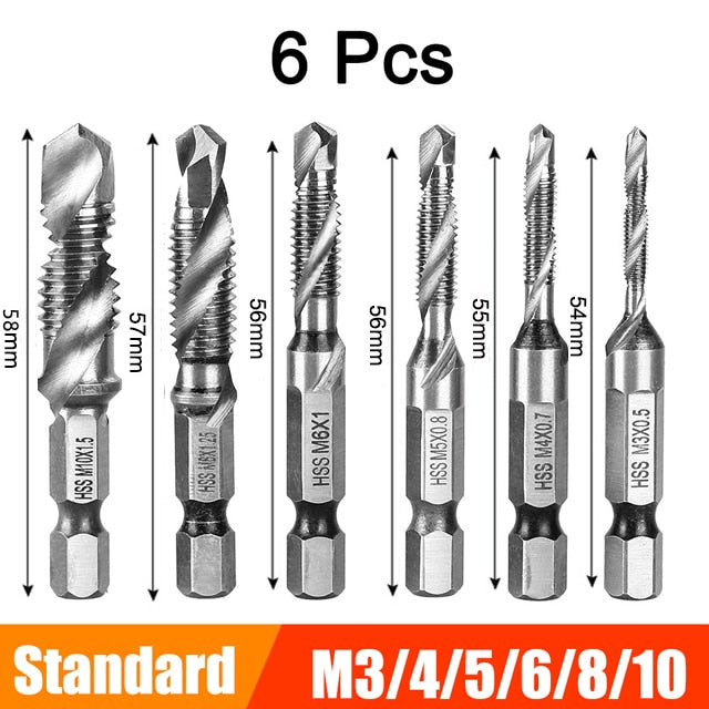 6Pcs M3-M10 Hex Shank Titanium Plated HSS Screw Thread Metric Tap Drill Bits Screw Machine Compound Thread Hand Tools