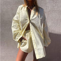 Women Casual Tracksuit Shorts Set Summer Long Sleeve Shirt Tops And Mini Drawstring Shorts Suit Lounge Wear Two Piece Set