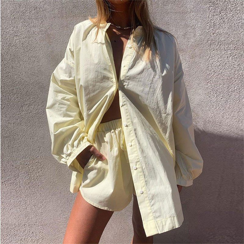 Women Casual Tracksuit Shorts Set Summer Long Sleeve Shirt Tops And Mini Drawstring Shorts Suit Lounge Wear Two Piece Set