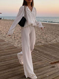 Casual Women&#39;s Shirt Pleated Two Piece Set Green Loose High Waist Wide Leg Pants Suit 2022 Elegant Office Ladies Female Outfits