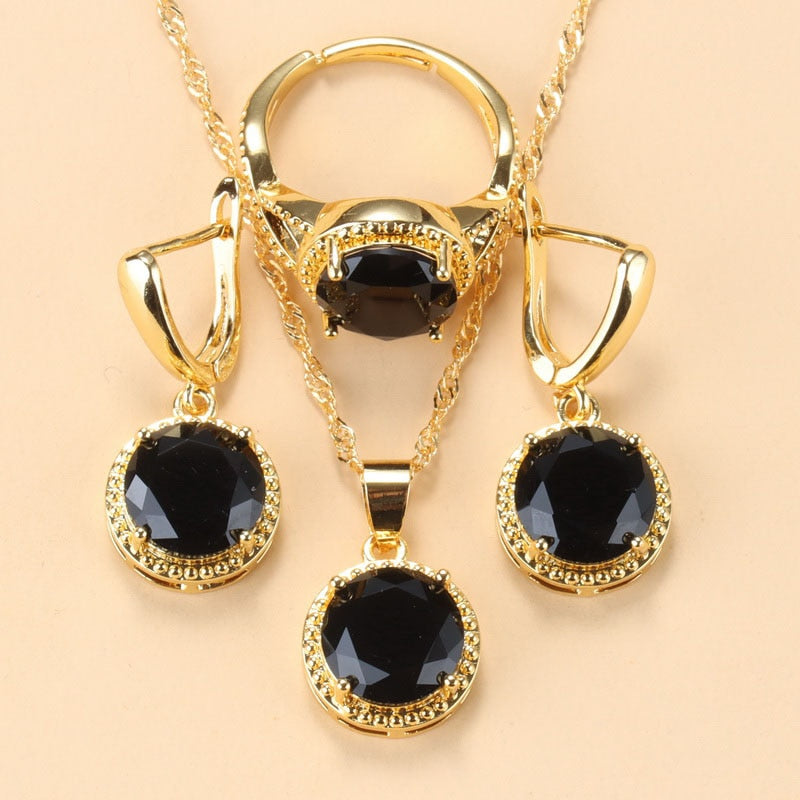 2022 Sell Well Wedding 925 Mark Jewelry Sets Black Zircon Dangle Earrings And Necklace Ring 3 Piece Set women Trendy Costume