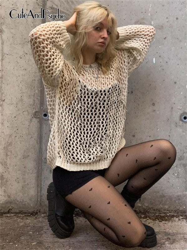 Y2K Harajuku Hollow Out Knit Pullovers Crewneck Autumn Vintage Fairycore Grunge Top Fashion Retro Smock Sweater Cuteandpsycho
