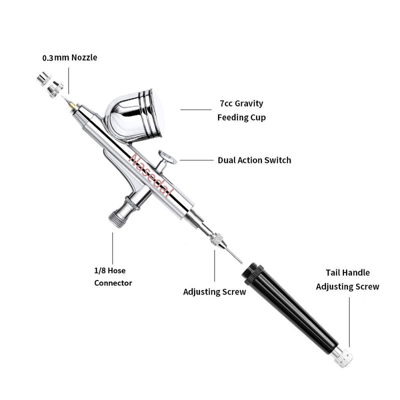 Nasedal NT-19 Dual-Action Airbrush Compressor Kit 0.3mm Airbrush Spray Gun for Nail Airbrush Model Cake Car Fish Shoes Painting