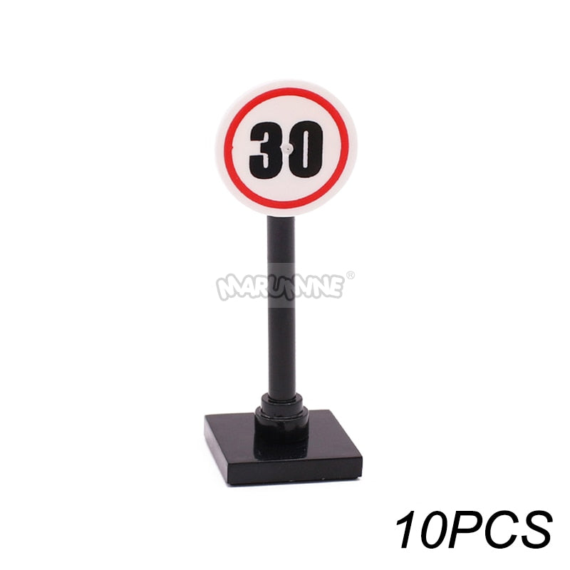 Marumine Traffic Road Sign Light Lamp Block Brick City Street View Accessories Signpost Barrier Speed Limit Indicator Warning
