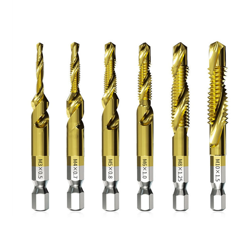 1-6pc M3 M4 M5 M6 M8 M10 Tap Drill Bits 1/4 Hex Shank Machine Hand Taps Titanium Coated HSS Drilling Tap Bits Thread Screw Tools