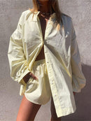 Women Casual Tracksuit Shorts Set Summer Long Sleeve Shirt Tops And Mini Drawstring Shorts Suit Lounge Wear Two Piece Set