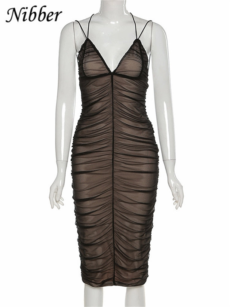 Nibber 2021 Sexy Mesh Pleated Long Prom Dresses For Women's Clothing Solid Color Beach Party Wear Midi Wrap Dress Street Outfit