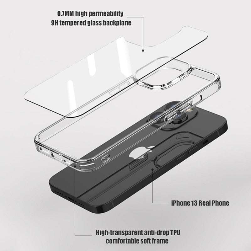 Luxury Tempered Glass Clear Case For iPhone 14 11 12 13 Mini Pro XS Max X XR Transparent Hard Case For iPhone 14 7 8 Plus Fundas