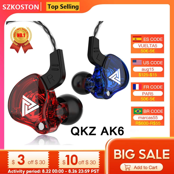 Original QKZ AK6 Copper Driver HiFi Wired Earphone Sport Running  Headphones Bass Stereo Headset Music Earbuds fone de ouvido