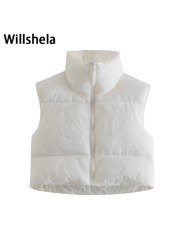 Willshela Women Fashion High Neck Cropped Waistcoat Puff Vest Casual Woman Sleeveless Jacket Chic Lady Winter Warm Outfits