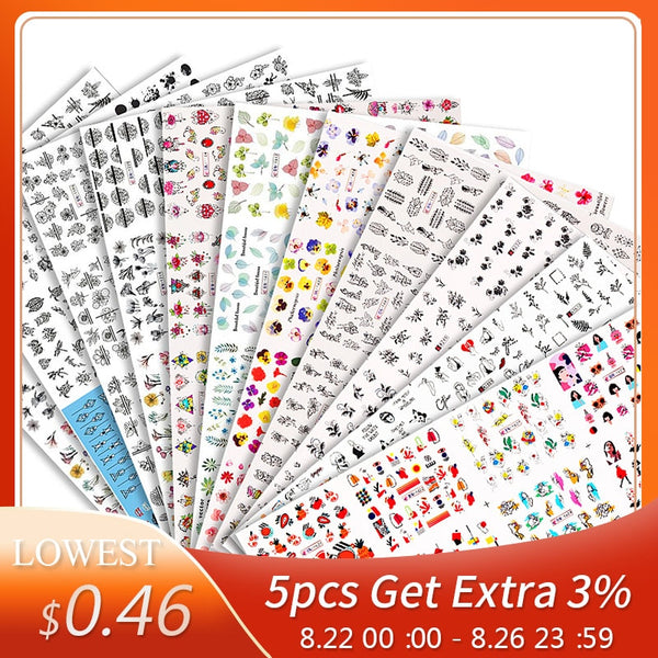 12 Designs Nail Stickers Set Mixed Floral Geometric Nail Art Water Transfer Decals Sliders Flower Leaves Manicures Decoration