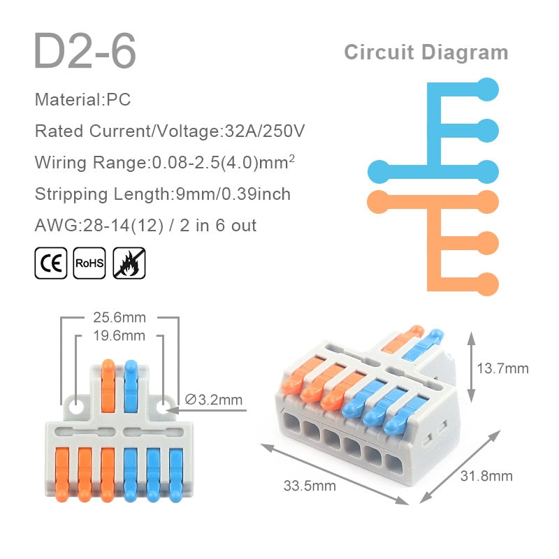 Mini Quick Wire Conductor Connector Universal Compact 2/3 Pin Splicing Push-inTerminal Block 1 in multiple out with fixing Hole