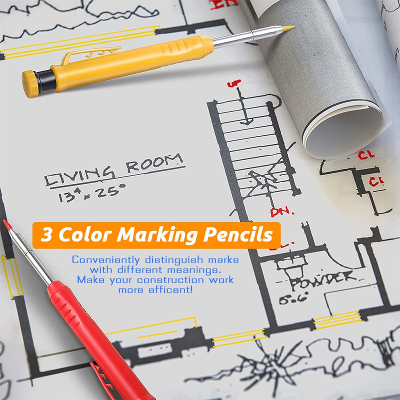 Solid Carpenter Pencil Set with 6 Refill Built-in Sharpener Deep Hole Mechanical Pencil Woodworking Tools Carpentry Scriber