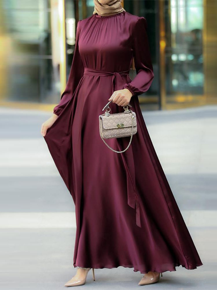 Women's Muslim Party Solid Satin Maxi Dress 2022 Spring Chic Elegant Puff Sleeve Robe Casual Holiday Swing Kaftan OL Dubai Abaya