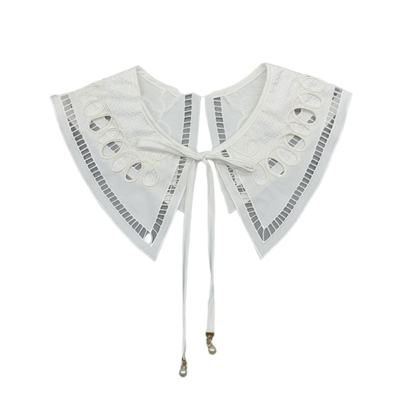 Royal Style Cotton Fake Collar Shawl Wrap Hollow Out Floral Lace Ruffled Trim Necklace Pointed Triangle Lapel Blouse