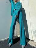 Casual Women&#39;s Shirt Pleated Two Piece Set Green Loose High Waist Wide Leg Pants Suit 2022 Elegant Office Ladies Female Outfits