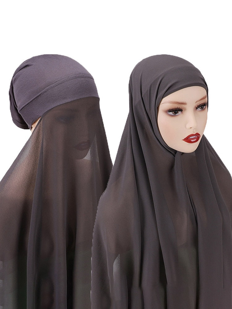 Instant Hijab With Cap Heavy Chiffon Jersey Hijab For Women Veil Muslim Fashion Islam Hijab Cap Scarf For Muslim Women Headscarf