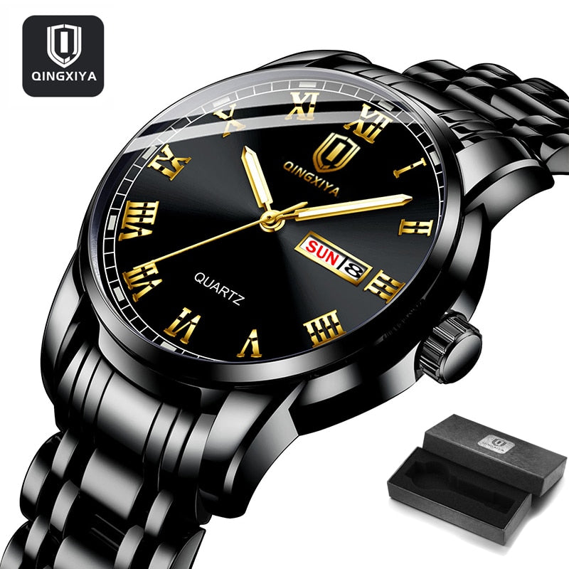 QINGXIYA Top Brand Luxury Gold Red Quartz Watch Men Stainless Steel Luminous Waterproof Watches Week Calendar Business Watch Men