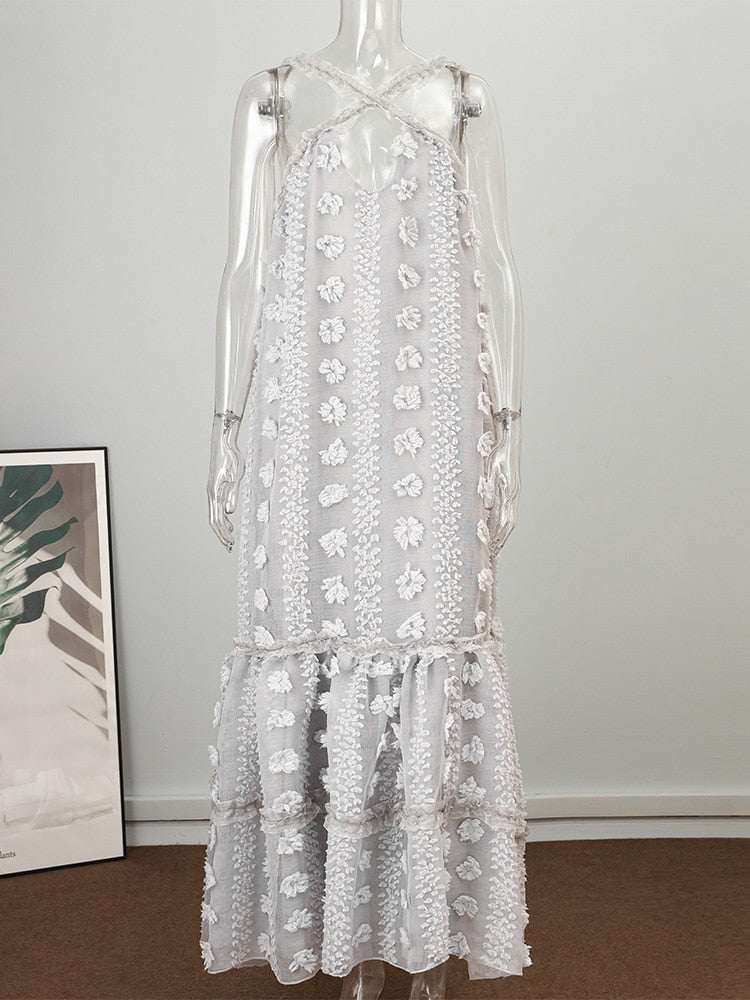 Sleeveless Halter Maxi Summer Dress For Women Fashion Ruffle Beach Long Robe 2022 Elegant Slip Holiday Hollow Out Sundress