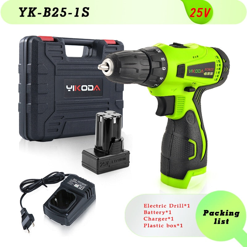 YIKODA 12V 16.8V 21V 25V Electric Screwdriver Cordless Drill Rechargeable Lithium Battery Mini Wireless Power Driver Tools