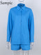Sampic Women Blue Suit 2022 Casual Loose Long Sleeve Shirt Summer Tops And Mini Shorts Fashion Tracksuit Two Piece Set Outfits