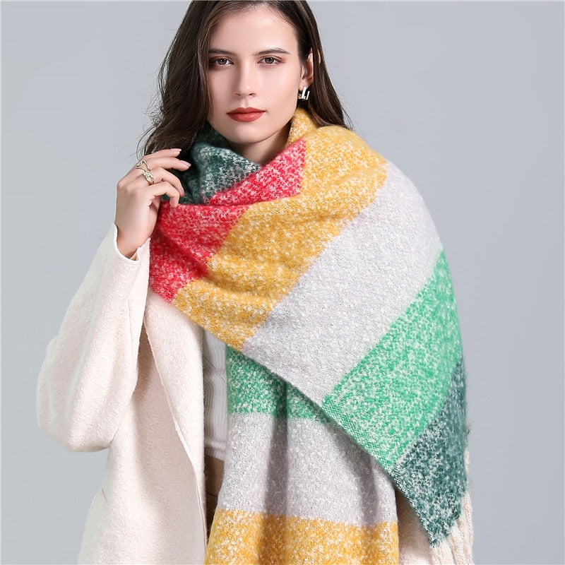 2022 New Women Plaid Scarf Winter Pashmina Shawls Cashmere Thick Wraps Lady Tassel Warm Scarves Rainbow Hairy Bufanda