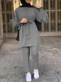 Women Autumn Blouses ZANZEA Fashion Muslim Sets Long Sleeve Turkish Blouses Pants Abaya Solid Islamic Clothing 2PCS Oversized
