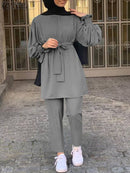 Women Autumn Blouses ZANZEA Fashion Muslim Sets Long Sleeve Turkish Blouses Pants Abaya Solid Islamic Clothing 2PCS Oversized