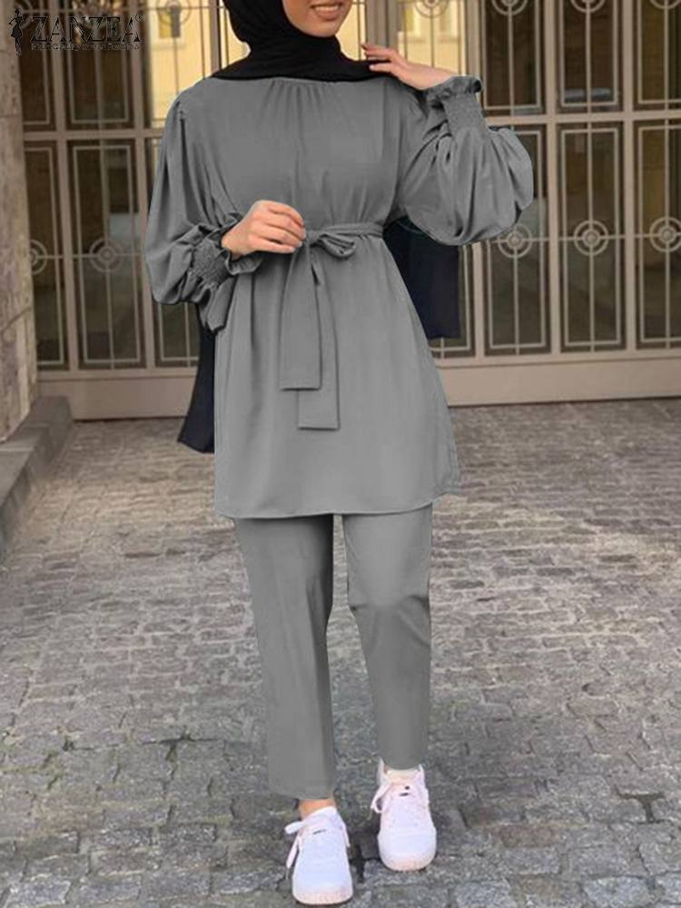 Women Autumn Blouses ZANZEA Fashion Muslim Sets Long Sleeve Turkish Blouses Pants Abaya Solid Islamic Clothing 2PCS Oversized