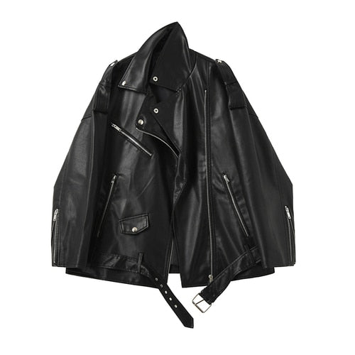 FTLZZ Spring Autumn Faux Leather Jackets Women Loose Casual Coat Female Drop-shoulder Motorcycles Locomotive Outwear With Belt