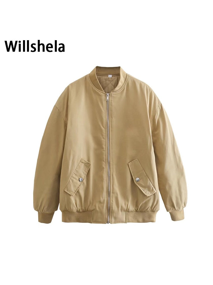 Willshela Women Fashion Oversized Bomber Jackets Coat With Pockets Front Zipper Vintage O-Neck Long Sleeves Female Chic Outwears