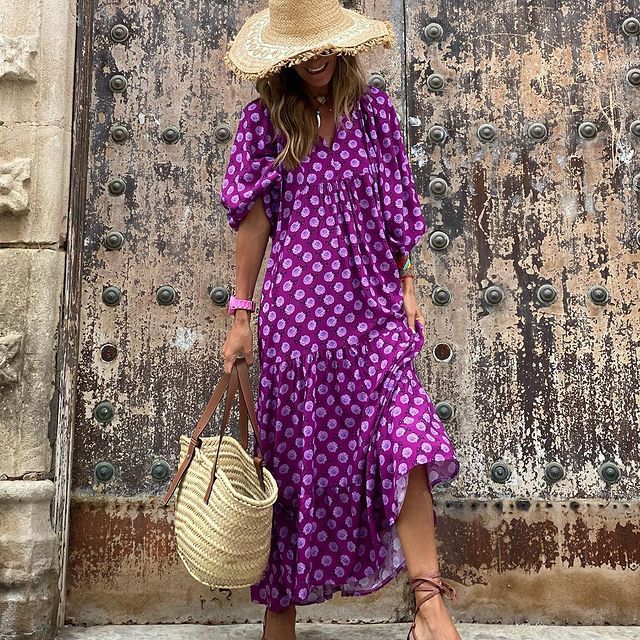 Summer Puff Sleeve Long Dress Women Geometric Print Splicing Half Sleeve Dress Elegant V-Neck Loose Holiday Beach Dress Vestidos