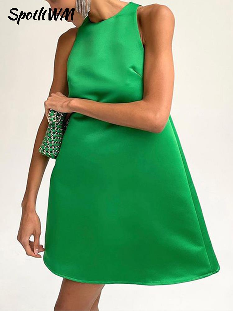 2022 Summer Women Stain Vest Dress Solid O-neck Sleeveless Party Club Mini Dress Large Swing Casual Loose Sundress Vestidos
