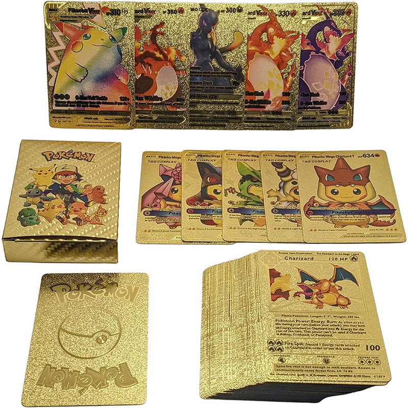 55 Pieces Of Pokemon Metal Gold Card Charizard Vmax Gx  Energy Card Charizard Pikachu Rare Collection Battle Trainer Card Child