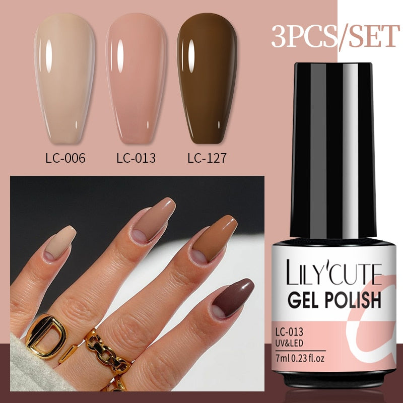 LILYCUTE 3 PCS Gel Nail Polish Set Nude Pink Glitter Sequins Matte Effect Gel Long Lasting Base Top Coat Nail Art Design Hybrid