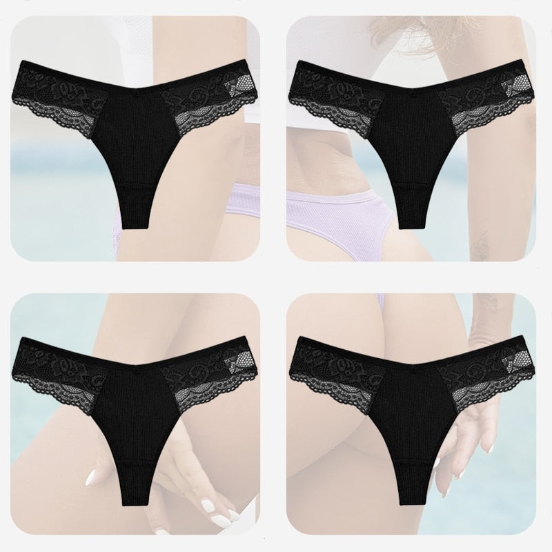 4PCS/Set Sexy Women Cotton Panties Lace Thong Underwear for Female Intimates Lingerie T-Back Floral Hollow Out Plus Size Panties