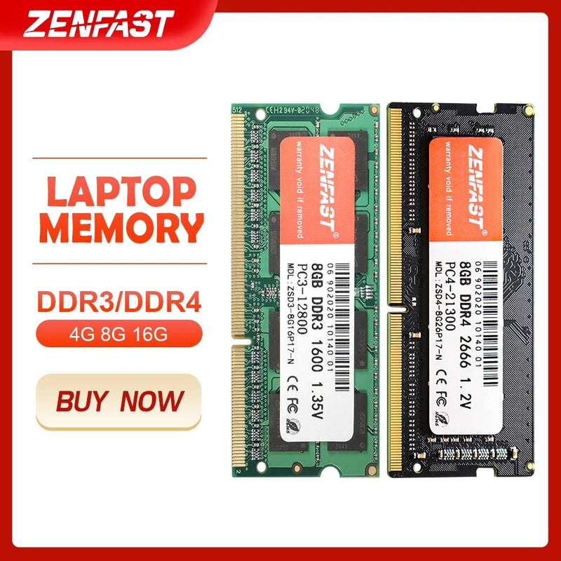 ZENFAST Memoria Ram DDR3 DDR4 8GB 4GB 16GB 32GB 1333 1600 2133 2400 2666 3200MHz Sodimm Notebook Laptop Memory