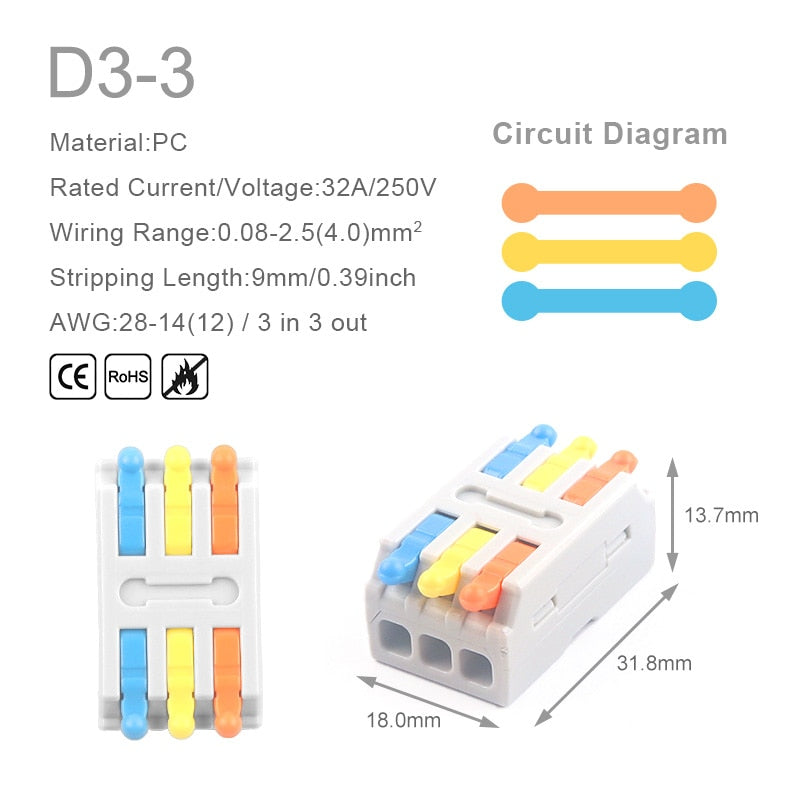 5PCS Universal Compact Wire Connector Splitter Quick Electrical Cable Splice Terminal Block For 28-12AWG Small Wiring Connectors