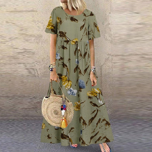 Vintage Floral Long Dress Women Summer Elegant Linen Short Sleeve Boho Maxi Dress Female Holiday Sundress Party Dresses Vestidos