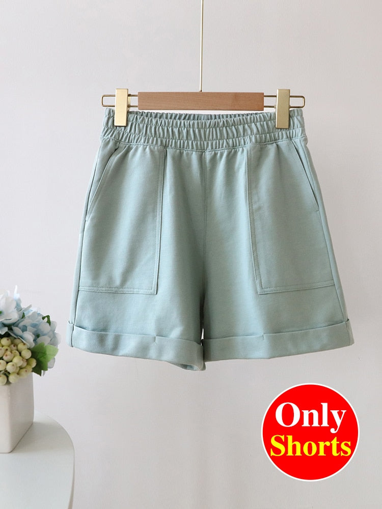 Spring Summer Women's Suit with Shorts Sweatshirt Loose Oversize Green Tracksuit 2 Piece Set Women's Shorts and Top Outfits 2022