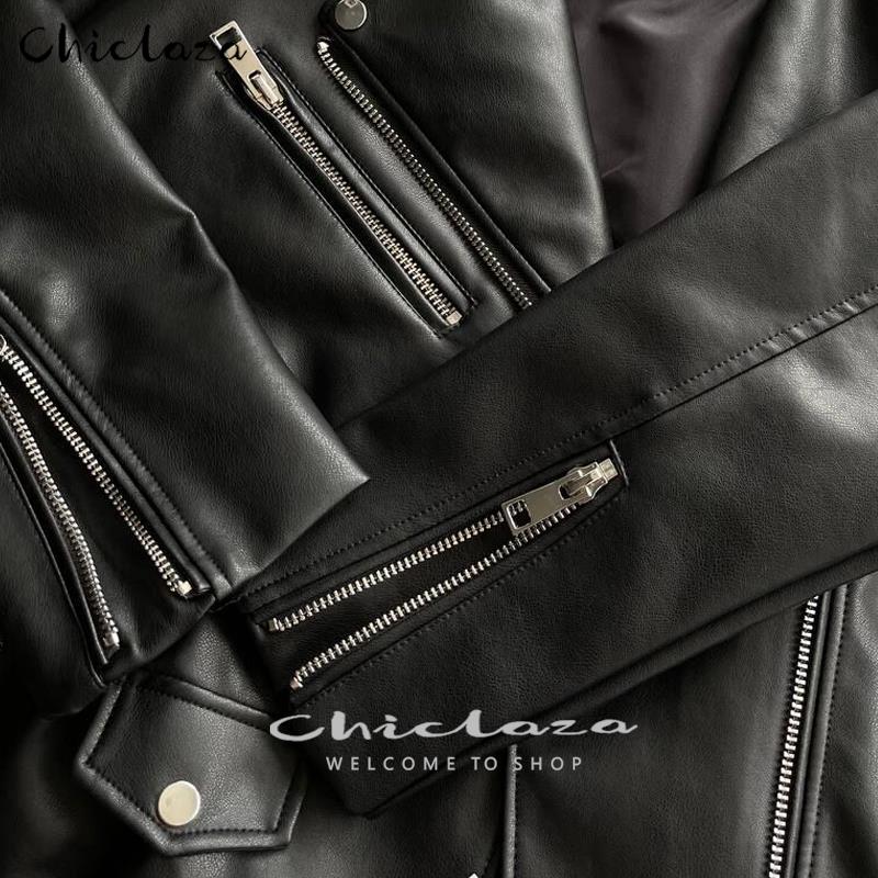 CHICLAZA Women 2022 Spring Fashion Black Faux Leather Jacket Ladies Casual Zipper Biker Coat Female Autumn Loose Couple Outwear
