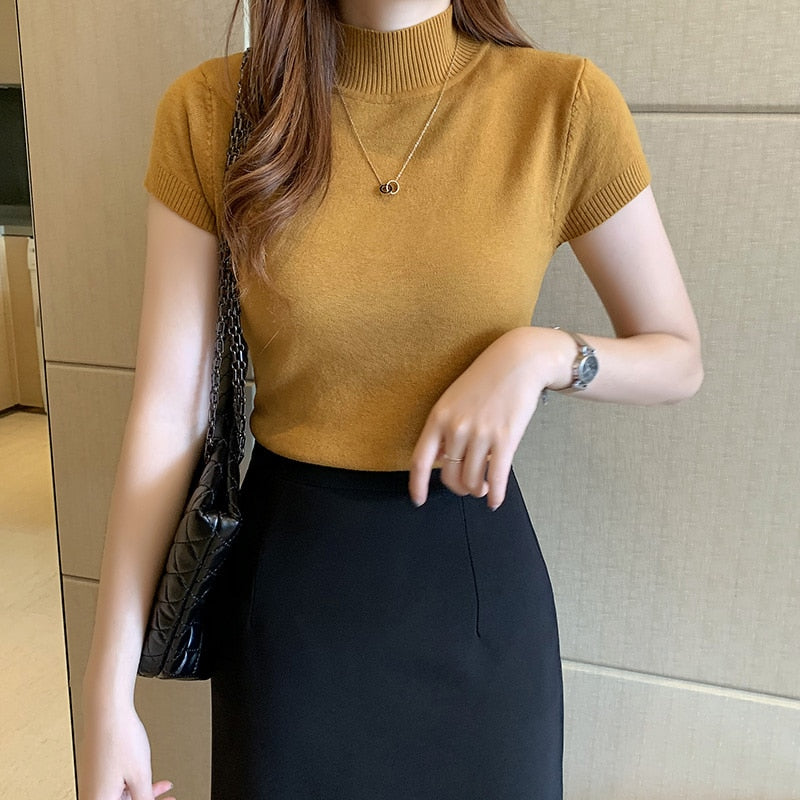 Womens Tops And Blouses Summer Short Sleeve Blouse Women Blusas Mujer De Moda 2021 Turtleneck Knitted Blouse Shirt Tops C931