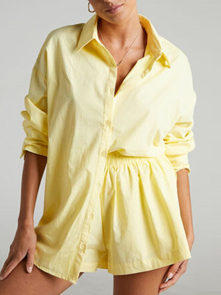 Casual Womem Yellow Lounge Wear Summer Tracksuit Shorts Set Long Sleeve Shirt Tops And Mini Shorts Suit 2021 New Two Piece Set