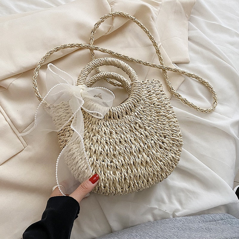 Women Shoulder Bag 2022 Straw Purses and Handbags Spring And Summer Female Shopper Fashion Solid Color Silk Scarf Crossbody Bags
