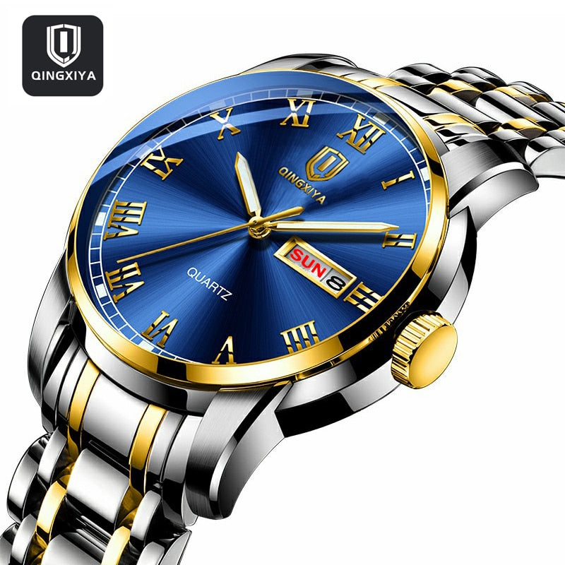 QINGXIYA Top Brand Luxury Gold Red Quartz Watch Men Stainless Steel Luminous Waterproof Watches Week Calendar Business Watch Men
