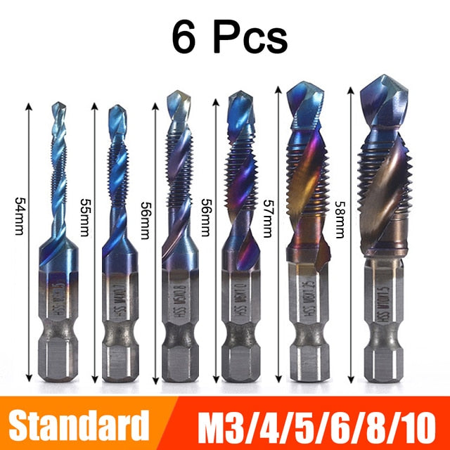 6Pcs M3-M10 Hex Shank Titanium Plated HSS Screw Thread Metric Tap Drill Bits Screw Machine Compound Thread Hand Tools