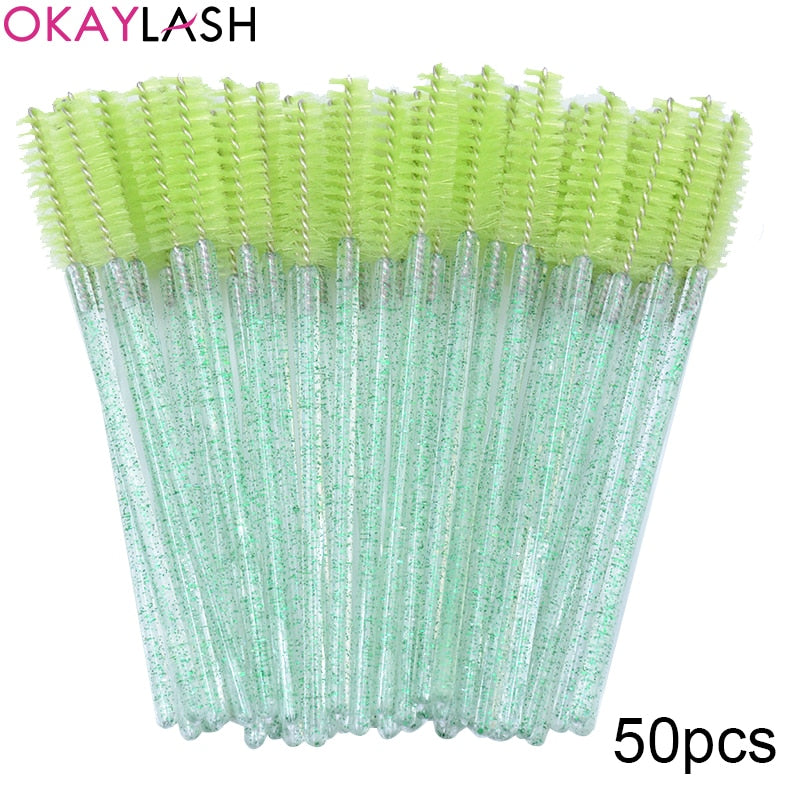 OKAYLASH 50Pcs Disposable Micro Glitter Eyelash Mascara Wands Mini Crystal Eye Lashes Brush Comb Pink White Spoolies