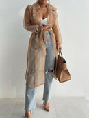 2022 Women Fashion See Through Outdoor Tops Lace Up Spring Solid Sheer Mesh Long Sleeve Buttoned Coat With Belt Elegant Shirts