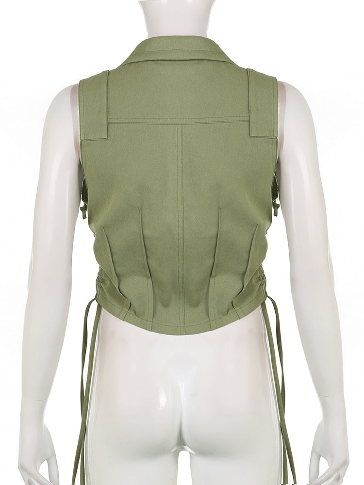 Sweetown Pockets Cargo Jacket Vest Female Stitching Shirring Drawstring Y2K Waistcoat Zip Up Casual Streetwear Corset Tanks